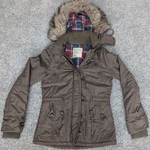 VTG Y2K American Eagle Bomber Jacket Coat Faux Fur Flannel Plaid Lined Womens XS